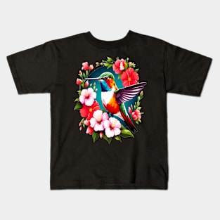 Cute Ruby Throated Hummingbird Surrounded by Spring Flowers Kids T-Shirt